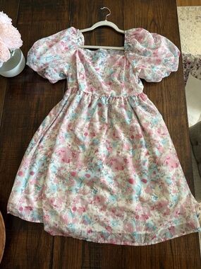 Pink and Blue Floral Puff-Sleeve Dress